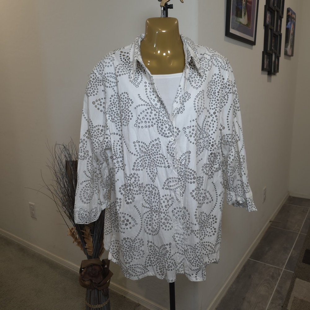 ALFRED DUNNER Women's Size 20w White Floral Cut-Outs Under Shirt Cotton Blouse